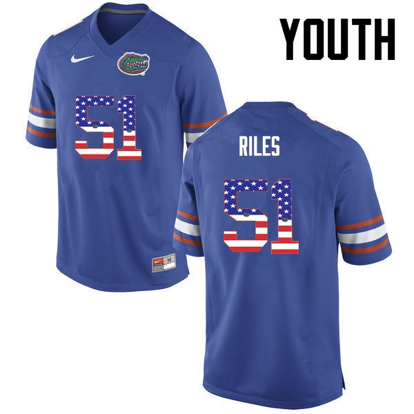 Florida Gators Youth #51 Antonio Riles College Football Jersey USA Flag Fashion Blue